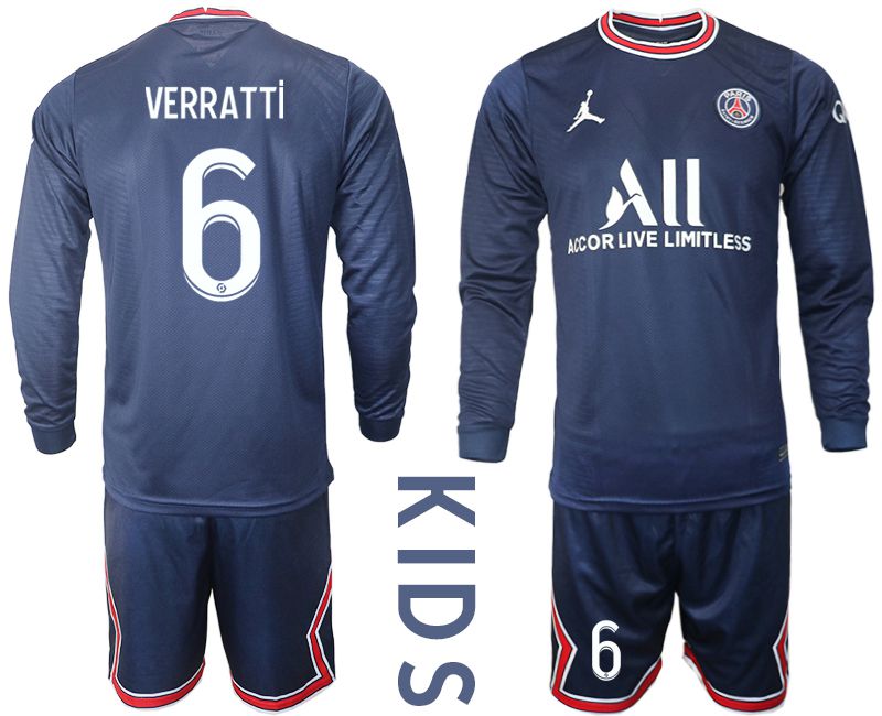 Youth 2021-2022 Club Paris St German home blue Long Sleeve #6 Soccer Jersey